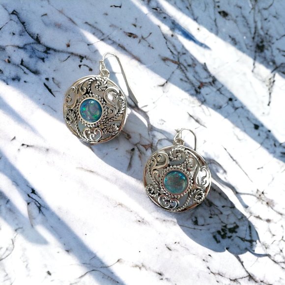 Necklace and Ear, Silver Antique Tone, Blue/Green Pendant, 18"-20" - Picture 5 of 10